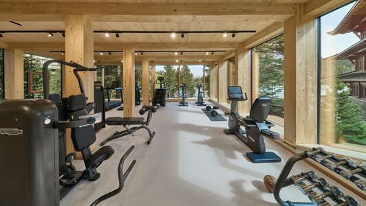 Ein heller Fitnessraum mit Trainingsgeräten und großen Fenstern zum Grünen.