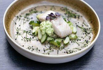 Ein angerichtetes Fischgericht mit Gemüse und Kräutern auf einem Teller.
