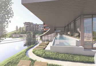 Ein beheiztes Becken am Seeufer neben dem modernen Hotelbau mit Glasfront und Blick auf die Berge.