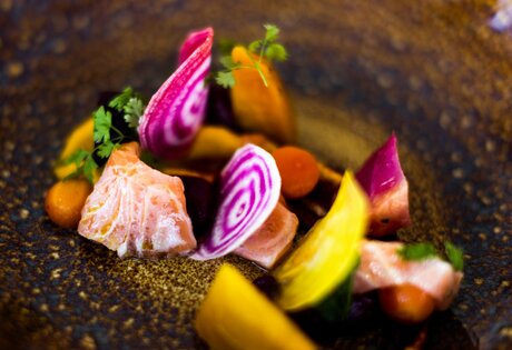 Ein dekorativ angerichteter Teller mit Lachs, Zwiebel, Gemüse und Kräutern.