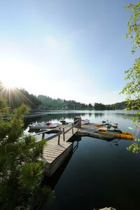 Ein Holzsteg führt zu Liegen und Tretbooten am ruhigen See-Bad am Ufer des Turracher Sees.