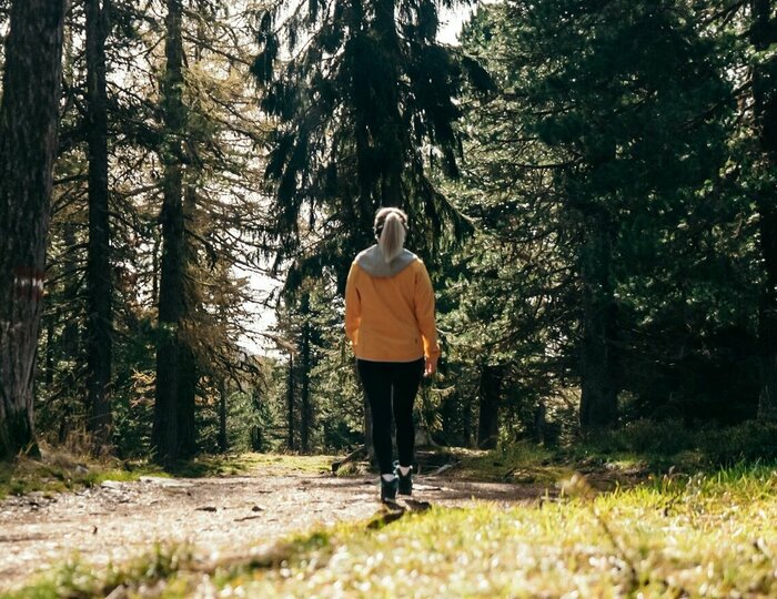 Wandern im Wald auf der Turracher Höhe Eine Person wandert auf einem Waldweg zwischen hohen Bäumen auf der Turracher Höhe.