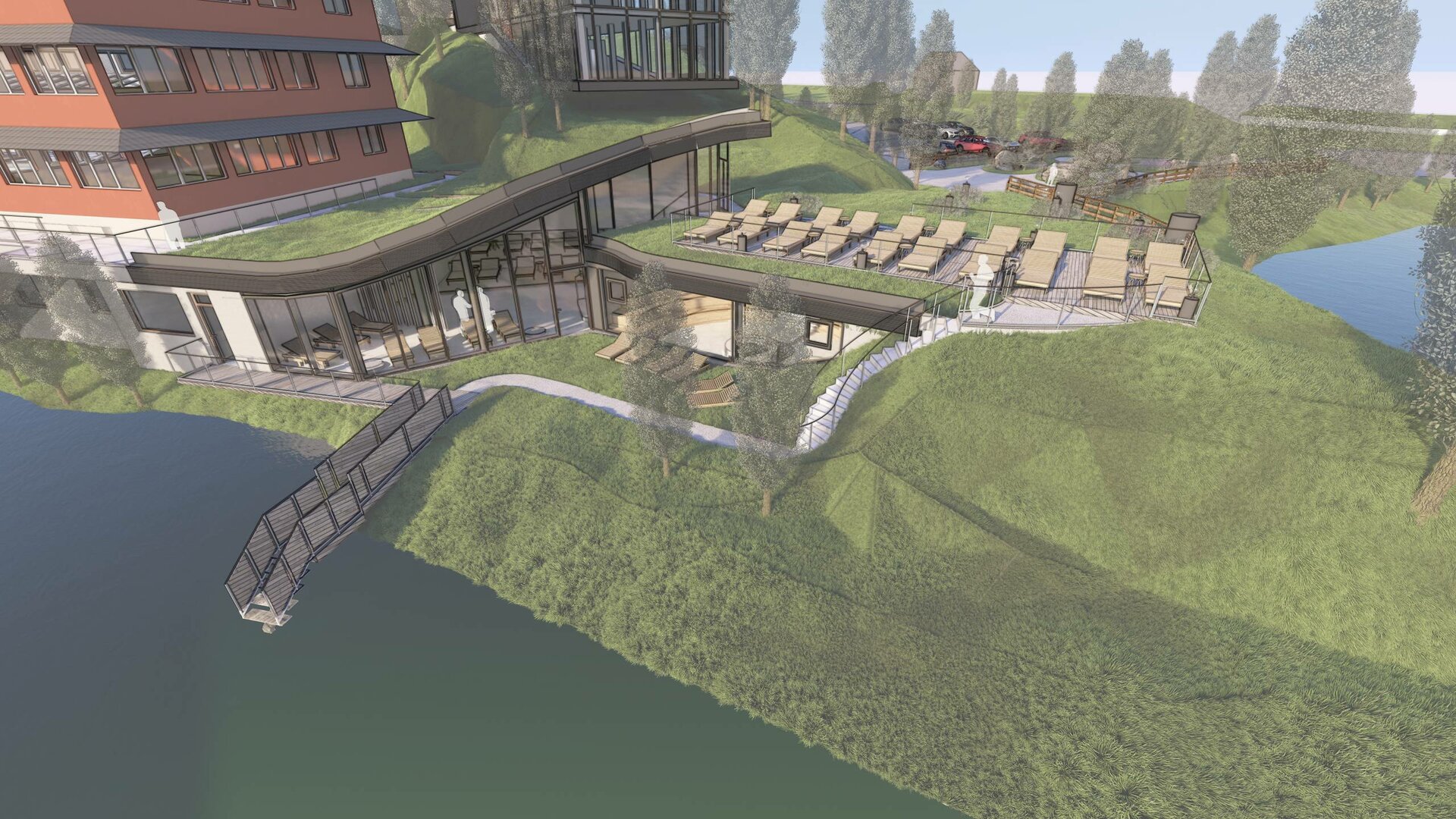 A rendering shows a lake terrace with loungers and a jetty beside a modern hotel building on the shore.