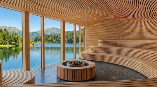 A serene wooden sauna with curved seating, large windows showcasing a tranquil lake and lush green trees, and distant mountains under a clear blue sky. The atmosphere is calm and inviting, perfect for relaxation.