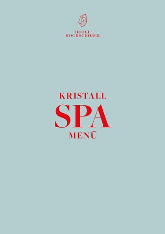 Ein hellblaues Menü-Cover mit der roten Aufschrift „Kristall Spa Menü“ und dem Logo von Hotel Hochschober.