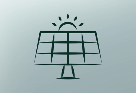 A stylized symbol shows the sun and solar panels on a light background.