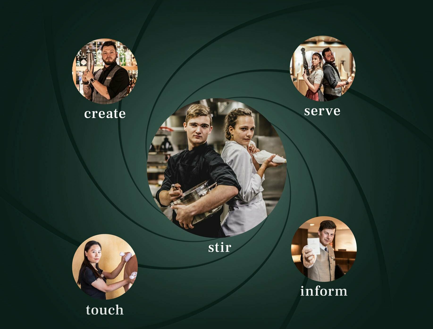 Four employees appear with the words create, serve, stir and touch on a dark green background.