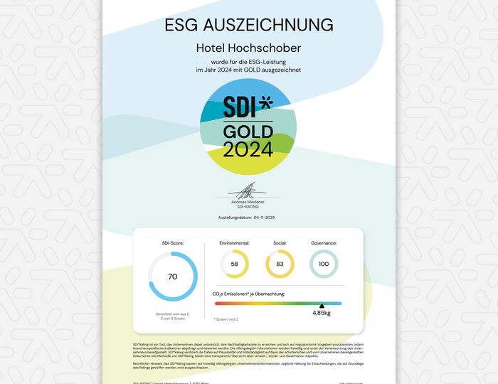 Ein ESG-Award-Poster mit der Auszeichnung SDI Gold 2024 für Hotel Hochschober.