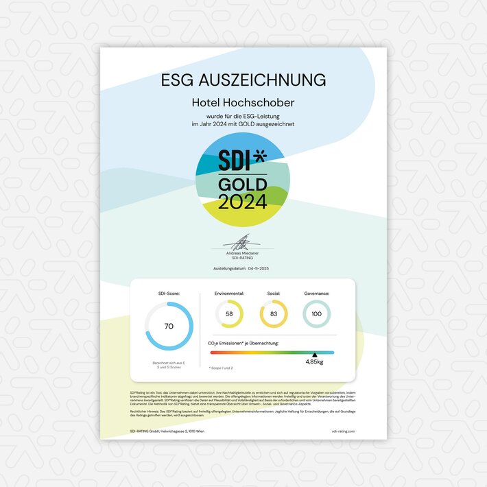 An ESG award poster showing the SDI Gold 2024 recognition for Hotel Hochschober.