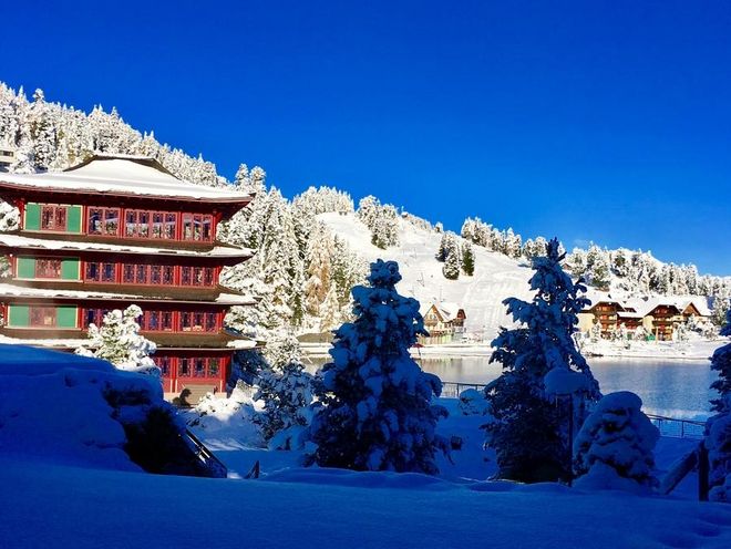 Ansicht auf den Chinaturm im Winter mit Bäumen
