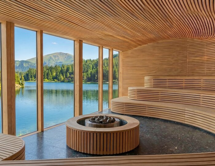 Eine holzverkleidete Sauna mit Panoramafenstern, davor ein runder Ofen und Blick auf den See und die Berge.