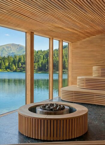 Sauna mit Seeblick im Hotel Hochschober Eine holzverkleidete Sauna mit Panoramafenstern, davor ein runder Ofen und Blick auf den See und die Berge.