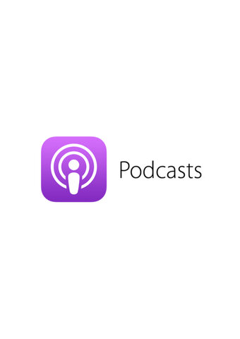 A purple Podcasts icon with the word Podcasts on a white background.