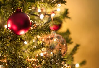 Ein geschmückter Weihnachtsbaum mit roten Kugeln und warmen Lichterketten vor hellem Hintergrund.