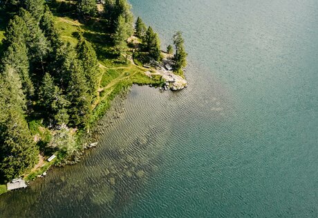 Ein bewaldetes Ufer mit kleinem Steg und klarem Seewasser am Turracher See.